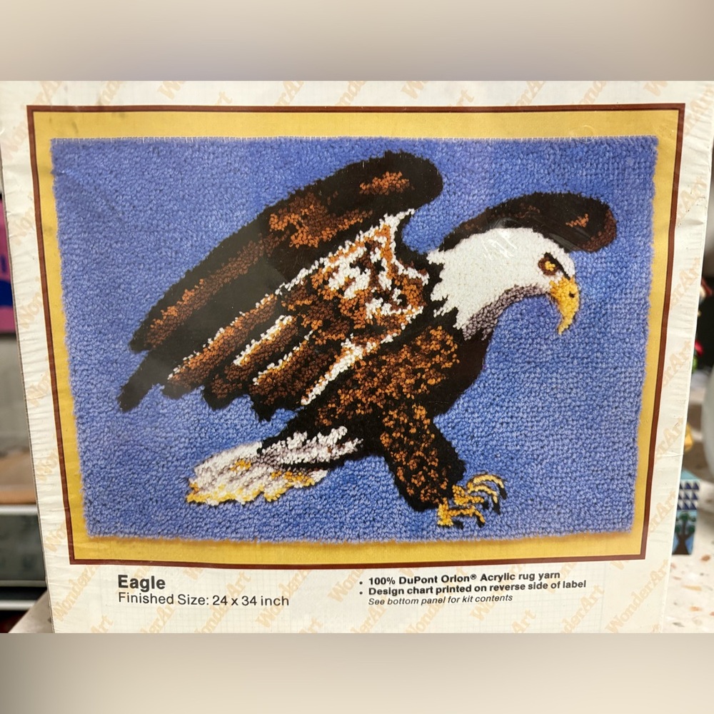 Rare & Vintage WonderArt Eagle Patriotic Latch Hook Rug Kit 24” x 34” #4351 NIB - Picture 9 of 10